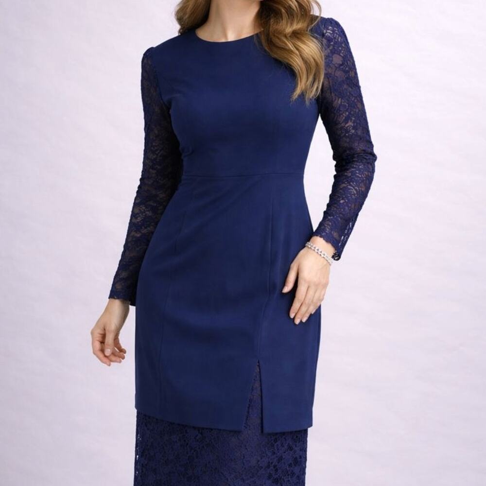 Talbots Sara Campbell Vintage Blue Lace Formal Evening Sheath Dress Womens 10